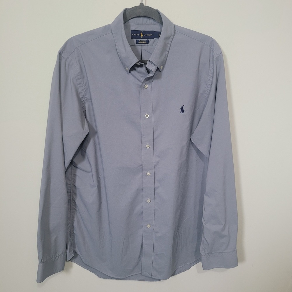 Ralph Lauren Size L Button Down Mens Classic Fit Performance Blue Gray Shirt